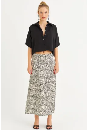 Kadın Siyah-Ekru Saten Midi Etek FİR1970