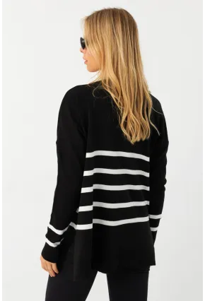 Kadın Siyah-Ekru V Yaka Çizgili Triko Kazak MYİL550