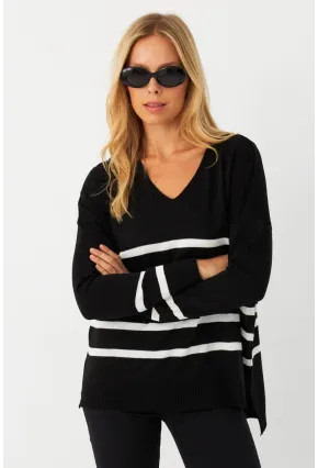 Kadın Siyah-Ekru V Yaka Çizgili Triko Kazak MYİL550