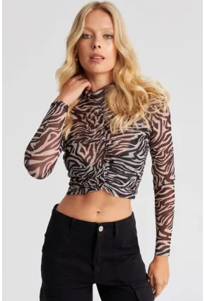 Kadın Siyah-Ekru Zebra Desenli Tül Bluz AYD262