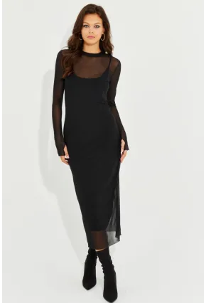 Kadın Siyah Eldivenli İkili Midi Tül Elbise MEN2006