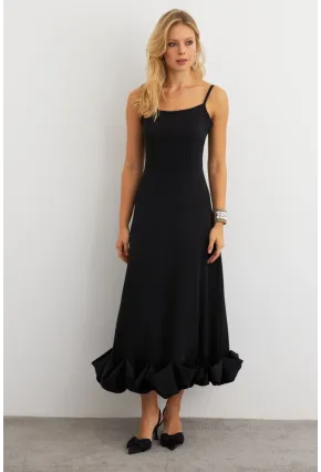 Kadın Siyah Eteği Fırfırlı Şık Maxi Elbise FRY2266