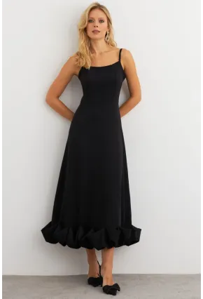 Kadın Siyah Eteği Fırfırlı Şık Maxi Elbise FRY2266