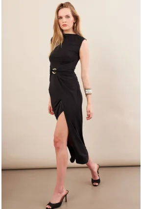 Kadın Siyah Eteği Kruvaze Tokalı Midi elbise KED7340
