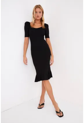 Kadın Siyah Eteği Volanlı Balon Kol Kaşkorse Maxi Elbise Yİ1896