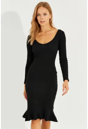 Kadın Siyah Eteği Volanlı Kaşkorse Midi Elbise Yİ2490