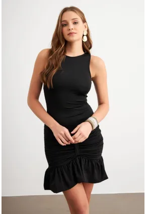 Kadın Siyah Etegi Volanlı Mini Elbise DCF026