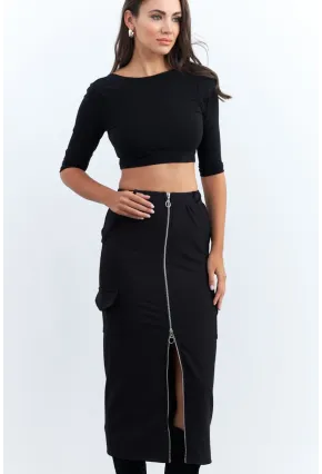 Kadın Siyah Fermuarlı Cepli Midi Etek ELT3999