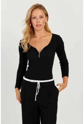 Kadın Siyah Fermuarlı Kaşkorse Bluz EY2713