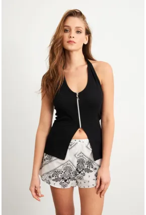 Kadın Siyah Fermuarlı Kaşkorse Bluz EY3097