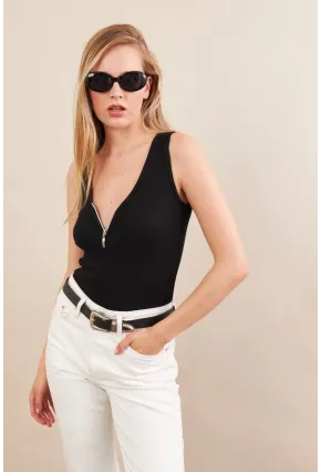 Kadın Siyah Fermuarlı Kaşkorse Bluz EY3106
