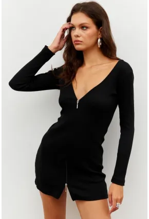 Kadın Siyah Fermuarlı Kaşkorse Mini Elbise EY2530