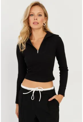 Kadın Siyah Fermuarlı Kısa Bluz CY336
