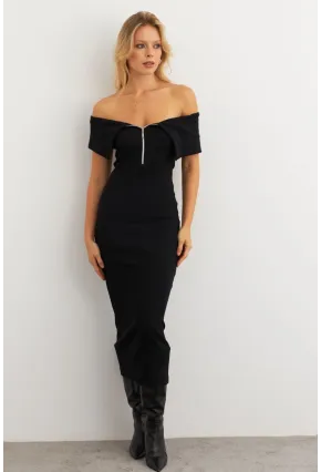 Kadın Siyah Fermuarlı Madonna Yaka Midi Elbise EY3011