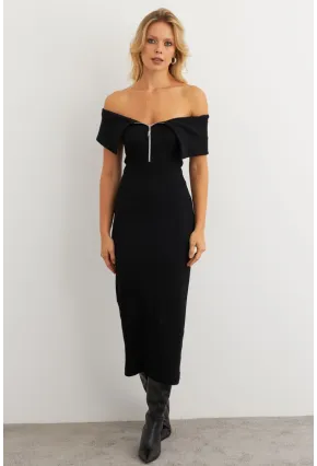 Kadın Siyah Fermuarlı Madonna Yaka Midi Elbise EY3011