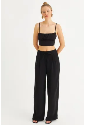 Kadın Siyah Fermuarlı Palazzo Pantolon MON143