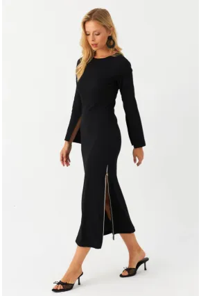 Kadın Siyah Fermuarlı Yırtmaçlı Kaşkorse Midi Elbise EY2990