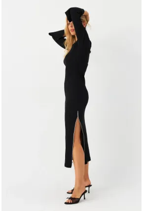 Kadın Siyah Fermuarlı Yırtmaçlı Kaşkorse Midi Elbise EY2990