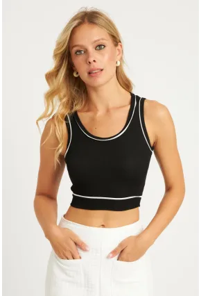 Kadın Siyah Fitilli Crop Bluz CG359