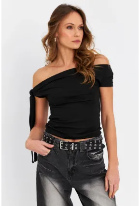 Kadın Siyah Fiyonklu Crop Bluz SDY1247