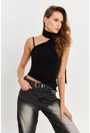Kadın Siyah Fularlı Asimetrik Bluz HOR0079