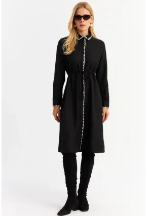 Kadın Siyah Garnili Gömlek Midi Elbise MASF10