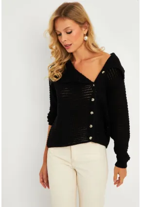 Kadın Siyah Geniş Yakalı Triko Hırka MİW4571