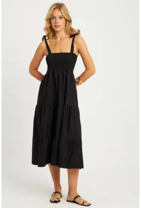 Kadın Siyah Gipeli Volanlı Midi Elbise SGT407