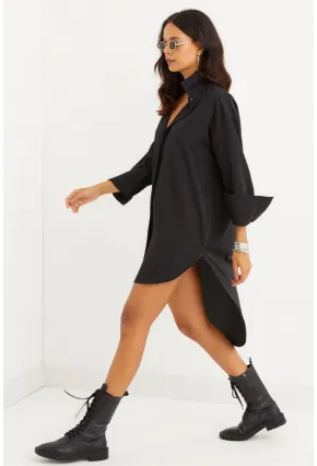 Kadın Siyah Gizli Düğmeli Tunik Gömlek Elbise SF1292