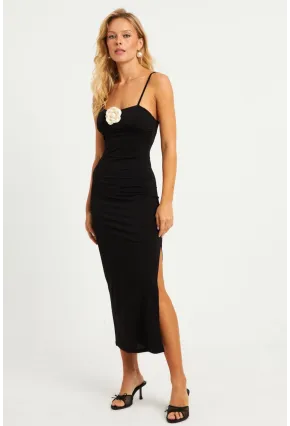 Kadın Siyah Gloplu Askılı Midi Elbise DMR145
