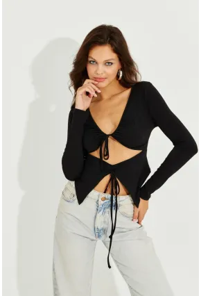 Kadın Siyah Göbek Dekolteli Büzgülü Bluz B2701