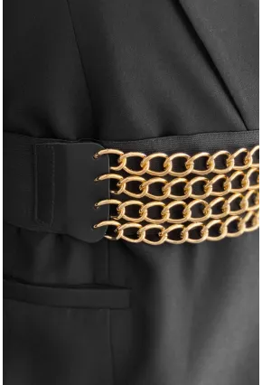 Kadın Siyah-Gold Dört Zincirli Lastikli Kemer BE648
