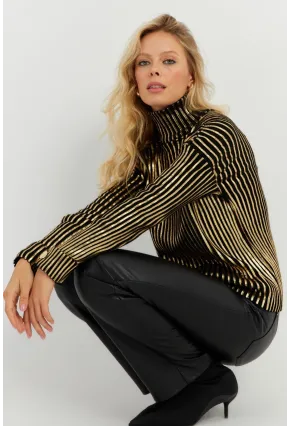 Kadın Siyah-Gold Düğme Detaylı Varaklı Triko Kazak SF2532
