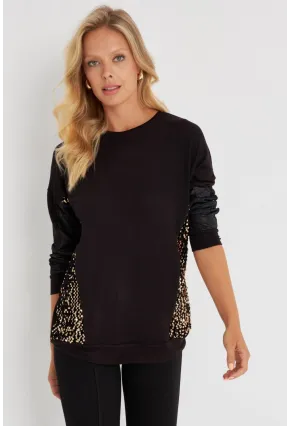 Kadın Siyah-Gold Payetli Uzun Bluz ST3124