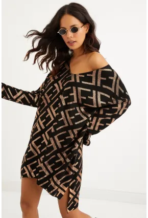 Kadın Siyah-Gold Varaklı Triko Tunik Elbise TD122