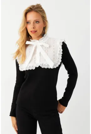 Kadın Siyah Gömlek Bloklu Triko Bluz MQS2117