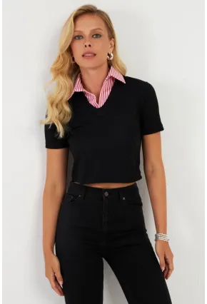 Kadın Siyah Gömlek Yaka Bluz MK19