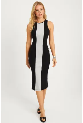 Kadın Siyah-Gri Kaşkorse Yırtmaçlı Midi Elbise XL2010