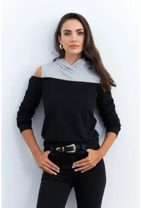 Kadın Siyah-Gri Omuzları Açık Sweatshirt TF15
