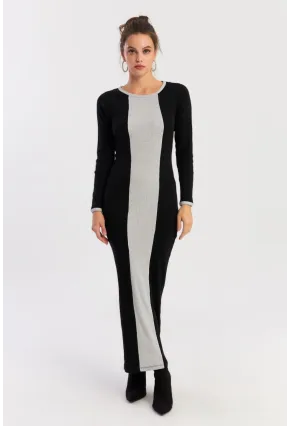 Kadın Siyah-Grı Renk Bloklu Kaşkorse Maxi Elbise XL403