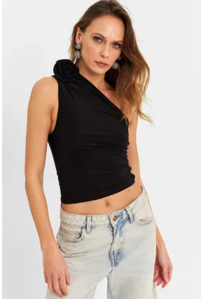 Kadın Siyah Gül Aksesuar Detaylı Crop Bluz ELT3925