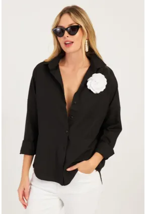 Kadın Siyah Gül Aksesuarlı Gömlek SF2540