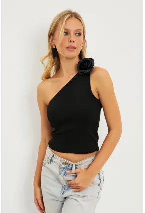 Kadın Siyah Gül Aksesuarlı Triko Bluz ET02