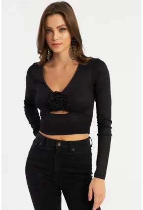 Kadın Siyah Gül Detaylı Pencereli Bluz AYD378
