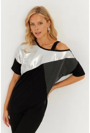 Kadın Siyah-Gümüş Suni Deri Bloklu Bluz ST834