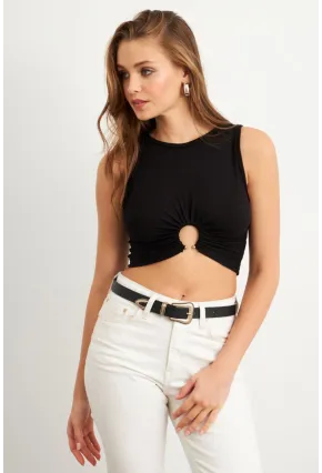 Kadın Siyah Halkalı Crop Bluz EY3094