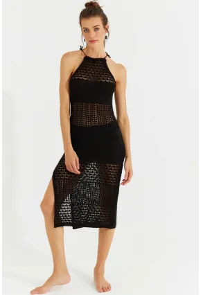 Kadın Siyah Halter Yaka Ajurlu Midi Elbise SF2506