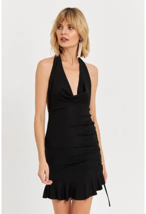 Kadın Siyah Halter Yaka Fırfırlı Mini Elbise DCF008
