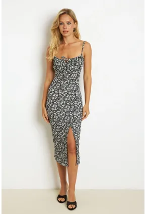 Kadın Siyah İnce Askılı Midi Elbise MON125