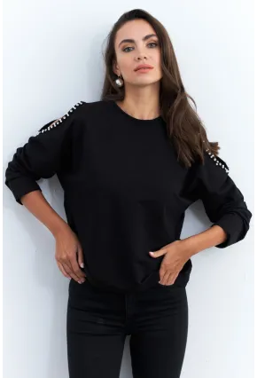 Kadın Siyah İnci Aksesuarlı Sweatshirt RLO85